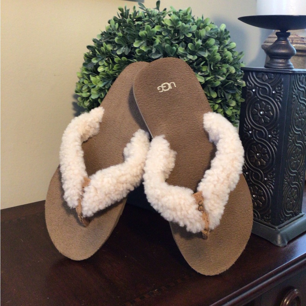 UGG Tan and Cream Sheepskin Thong Sandals